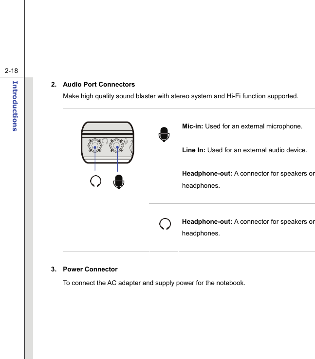   2-18Introductions  2. Audio Port Connectors  Make high quality sound blaster with stereo system and Hi-Fi function supported.    Mic-in: Used for an external microphone. Line In: Used for an external audio device. Headphone-out: A connector for speakers or headphones.      Headphone-out: A connector for speakers or headphones.  3. Power Connector To connect the AC adapter and supply power for the notebook.   