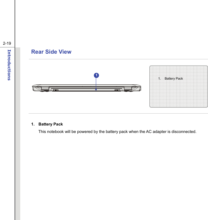   2-19Introductions  Rear Side View      1. Battery Pack  This notebook will be powered by the battery pack when the AC adapter is disconnected.     1. Battery Pack 1