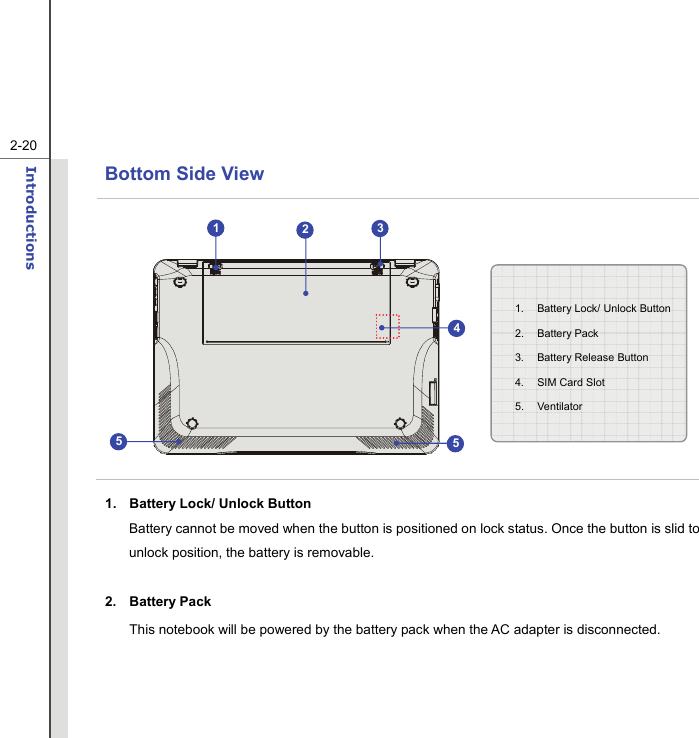   2-20Introductions  Bottom Side View            1.  Battery Lock/ Unlock Button Battery cannot be moved when the button is positioned on lock status. Once the button is slid to unlock position, the battery is removable.  2. Battery Pack This notebook will be powered by the battery pack when the AC adapter is disconnected.    1.  Battery Lock/ Unlock Button 2. Battery Pack 3.  Battery Release Button   4. SIM Card Slot 5. Ventilator 123455