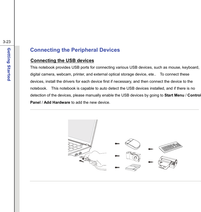  3-23Getting Started  Connecting the Peripheral Devices Connecting the USB devices This notebook provides USB ports for connecting various USB devices, such as mouse, keyboard, digital camera, webcam, printer, and external optical storage device, ete..    To connect these devices, install the drivers for each device first if necessary, and then connect the device to the notebook.    This notebook is capable to auto detect the USB devices installed, and if there is no detection of the devices, please manually enable the USB devices by going to Start Menu / Control Panel / Add Hardware to add the new device.              