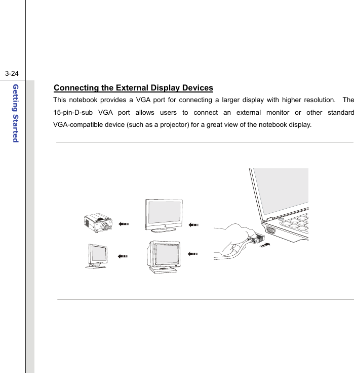  3-24Getting Started  Connecting the External Display Devices This notebook provides a VGA port for connecting a larger display with higher resolution.  The 15-pin-D-sub VGA port allows users to connect an external monitor or other standard VGA-compatible device (such as a projector) for a great view of the notebook display.                    