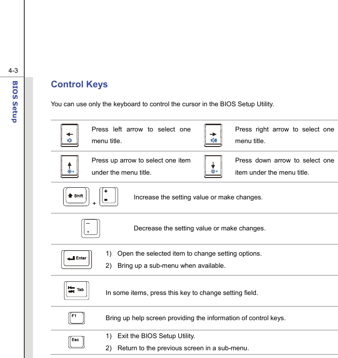  4-3BIOS Setup  Control Keys You can use only the keyboard to control the cursor in the BIOS Setup Utility.   Press left arrow to select one menu title.   Press right arrow to select one menu title.  Press up arrow to select one item under the menu title.   Press down arrow to select one item under the menu title.  +   Increase the setting value or make changes.  Decrease the setting value or make changes.  1)  Open the selected item to change setting options. 2)  Bring up a sub-menu when available.  In some items, press this key to change setting field.  Bring up help screen providing the information of control keys.  1)  Exit the BIOS Setup Utility. 2)  Return to the previous screen in a sub-menu. 