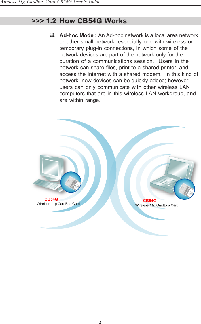 2Wireless 11g CardBus Card CB54G User’s GuideHow CB54G WorksAd-hoc Mode : An Ad-hoc network is a local area networkor other small network, especially one with wireless ortemporary plug-in connections, in which some of thenetwork devices are part of the network only for theduration of a communications session.  Users in thenetwork can share files, print to a shared printer, andaccess the Internet with a shared modem.  In this kind ofnetwork, new devices can be quickly added; however,users can only communicate with other wireless LANcomputers that are in this wireless LAN workgroup, andare within range.&gt;&gt;&gt; 1.2