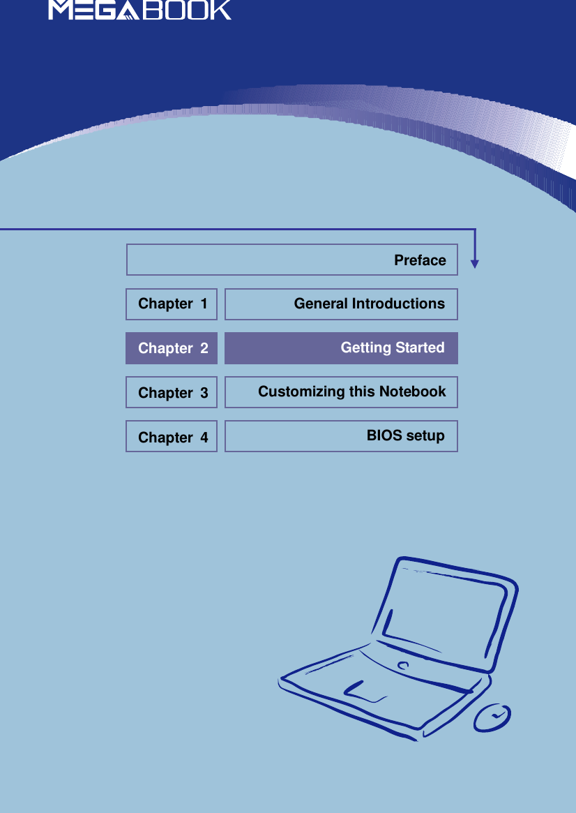                            General Introductions Chapter 1 Getting Started Chapter 2 Customizing this Notebook Chapter 3 BIOS setup Chapter 4 Preface 