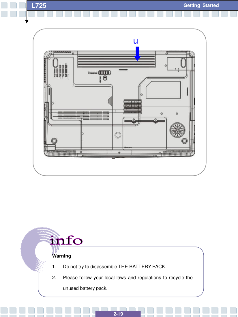   2-19 L725      Getting Started                         Warning 1. Do not try to disassemble THE BATTERY PACK. 2. Please follow your local laws and regulations to recycle the unused battery pack. u 