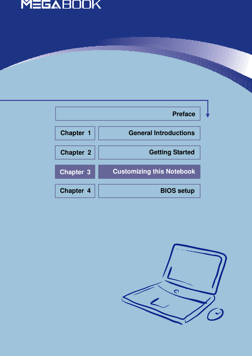                            General Introductions Chapter 1 Getting Started Chapter 2 Customizing this Notebook Chapter 3 BIOS setup Chapter 4 Preface 