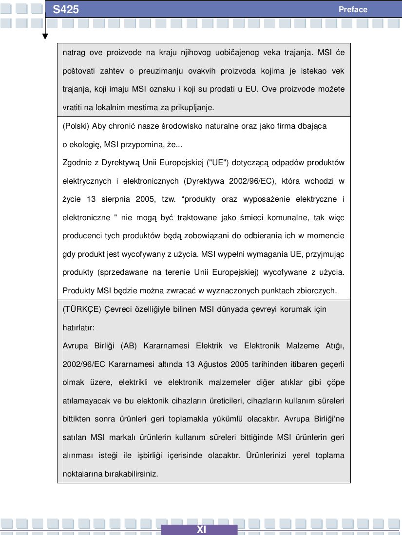   XI S425 Preface natrag ove proizvode na kraju njihovog uobičajenog veka trajanja. MSI  će poštovati zahtev o preuzimanju ovakvih proizvoda kojima je istekao vek trajanja, koji imaju MSI oznaku i koji su prodati u EU. Ove proizvode možete vratiti na lokalnim mestima za prikupljanje. (Polski) Aby chronić nasze środowisko naturalne oraz jako firma dbająca o ekologię, MSI przypomina, że... Zgodnie z Dyrektywą Unii Europejskiej (&quot;UE&quot;) dotyczącą odpadów produktów elektrycznych i elektronicznych (Dyrektywa 2002/96/EC), która wchodzi w życie 13 sierpnia 2005, tzw.  “produkty oraz wyposażenie elektryczne i elektroniczne &quot; nie mogą być traktowane jako  śmieci komunalne, tak więc producenci tych produktów będą zobowiązani do odbierania ich w momencie gdy produkt jest wycofywany z użycia. MSI wypełni wymagania UE, przyjmując produkty (sprzedawane na terenie Unii Europejskiej) wycofywane z użycia. Produkty MSI będzie można zwracać w wyznaczonych punktach zbiorczych. (TÜRKÇE) Çevreci özelliğiyle bilinen MSI dünyada çevreyi korumak için hatırlatır: Avrupa Birliği (AB) Kararnamesi Elektrik ve Elektronik Malzeme Atığı, 2002/96/EC Kararnamesi altında 13 Ağustos 2005 tarihinden itibaren geçerli olmak  üzere, elektrikli ve elektronik malzemeler diğer atıklar gibi  çöpe atılamayacak ve bu elektonik cihazların  üreticileri, cihazların kullanım süreleri bittikten sonra  ürünleri geri toplamakla yükümlü olacaktır. Avrupa Birliği’ne satılan MSI markalı ürünlerin kullanım süreleri bittiğinde MSI  ürünlerin geri alınması isteği ile işbirliği içerisinde olacaktır.  Ürünlerinizi yerel toplama noktalarına bırakabilirsiniz. 