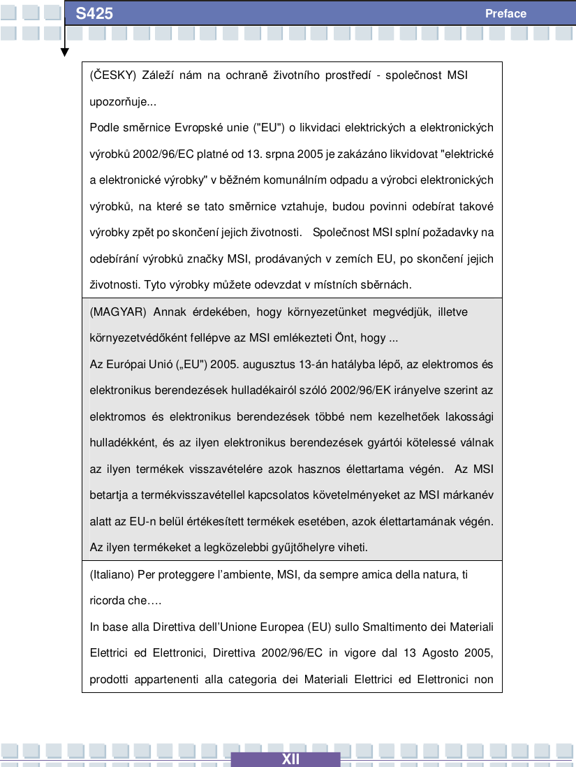   XII S425 Preface (ČESKY) Záleží nám na ochraně životního prostředí - společnost MSI upozorňuje... Podle směrnice Evropské unie (&quot;EU&quot;) o likvidaci elektrických a elektronických výrobků 2002/96/EC platné od 13. srpna 2005 je zakázáno likvidovat &quot;elektrické a elektronické výrobky&quot; v běžném komunálním odpadu a výrobci elektronických výrobků, na které se tato směrnice vztahuje, budou povinni odebírat takové výrobky zpět po skončení jejich životnosti.  Společnost MSI splní požadavky na odebírání výrobků značky MSI, prodávaných v zemích EU, po skončení jejich životnosti. Tyto výrobky můžete odevzdat v místních sběrnách. (MAGYAR) Annak  érdekében, hogy környezetünket megvédjük, illetve környezetvédőként fellépve az MSI emlékezteti Önt, hogy ... Az Európai Unió („EU&quot;) 2005. augusztus 13-án hatályba lépő, az elektromos és elektronikus berendezések hulladékairól szóló 2002/96/EK irányelve szerint az elektromos  és elektronikus berendezések többé nem kezelhetőek lakossági hulladékként, és az ilyen elektronikus berendezések gyártói kötelessé válnak az ilyen termékek visszavételére azok hasznos  élettartama végén.  Az MSI betartja a termékvisszavétellel kapcsolatos követelményeket az MSI márkanév alatt az EU-n belül értékesített termékek esetében, azok élettartamának végén. Az ilyen termékeket a legközelebbi gyűjtőhelyre viheti. (Italiano) Per proteggere l’ambiente, MSI, da sempre amica della natura, ti ricorda che…. In base alla Direttiva dell’Unione Europea (EU) sullo Smaltimento dei Materiali Elettrici ed Elettronici, Direttiva 2002/96/EC in vigore dal 13 Agosto 2005, prodotti appartenenti alla categoria dei Materiali Elettrici ed Elettronici non 