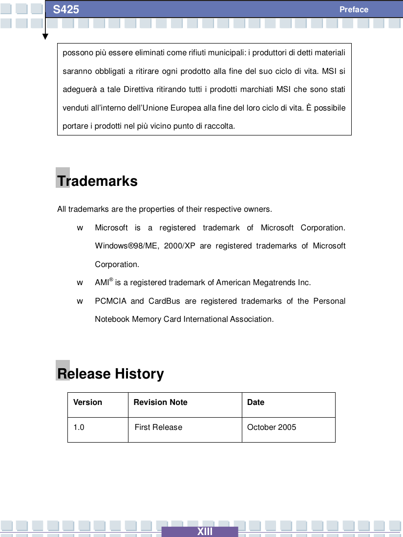   XIII S425 Preface possono più essere eliminati come rifiuti municipali: i produttori di detti materiali saranno obbligati a ritirare ogni prodotto alla fine del suo ciclo di vita. MSI si adeguerà a tale Direttiva ritirando tutti i prodotti marchiati MSI che sono stati venduti all’interno dell’Unione Europea alla fine del loro ciclo di vita. È possibile portare i prodotti nel più vicino punto di raccolta.  Trademarks All trademarks are the properties of their respective owners. w Microsoft is a registered trademark of Microsoft Corporation. Windows®98/ME, 2000/XP are registered trademarks of Microsoft Corporation. w AMI® is a registered trademark of American Megatrends Inc.  w PCMCIA and CardBus are registered trademarks of the Personal Notebook Memory Card International Association.  Release History Version  Revision Note  Date 1.0  First Release  October 2005  