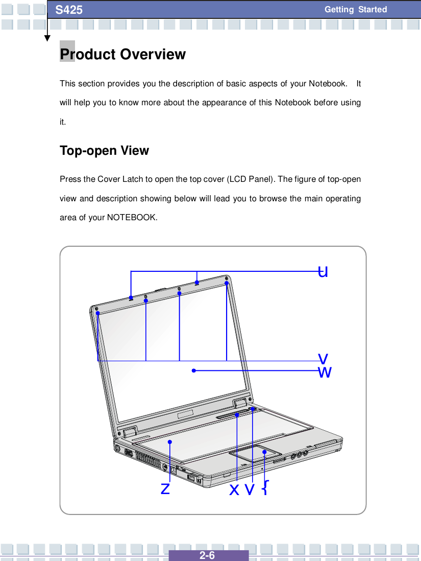   2-6 S425 Getting Started wyzvu{xProduct Overview This section provides you the description of basic aspects of your Notebook.  It will help you to know more about the appearance of this Notebook before using it. Top-open View Press the Cover Latch to open the top cover (LCD Panel). The figure of top-open view and description showing below will lead you to browse the main operating area of your NOTEBOOK.                 