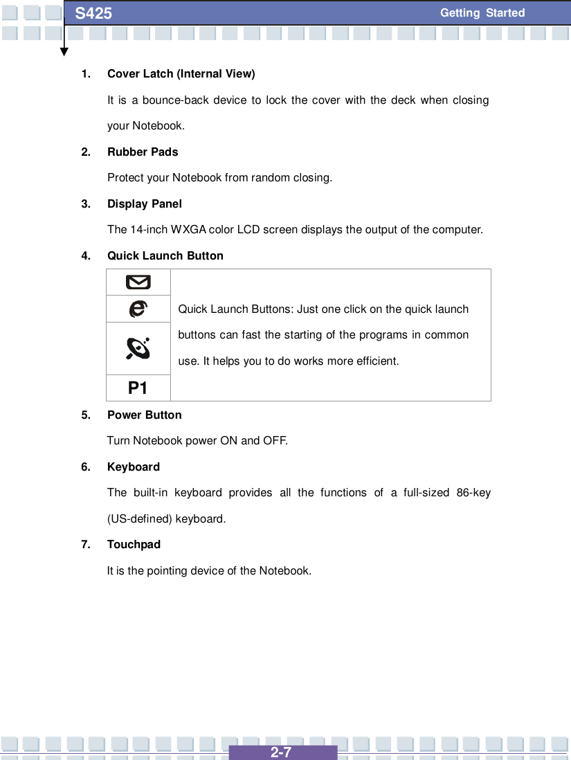   2-7 S425 Getting Started 1. Cover Latch (Internal View) It is a bounce-back device to lock the cover with the deck when closing your Notebook. 2. Rubber Pads Protect your Notebook from random closing. 3. Display Panel The 14-inch WXGA color LCD screen displays the output of the computer. 4. Quick Launch Button    P1 Quick Launch Buttons: Just one click on the quick launch buttons can fast the starting of the programs in common use. It helps you to do works more efficient. 5. Power Button  Turn Notebook power ON and OFF. 6. Keyboard The built-in keyboard provides all the functions of a full-sized 86-key (US-defined) keyboard.   7. Touchpad It is the pointing device of the Notebook.     