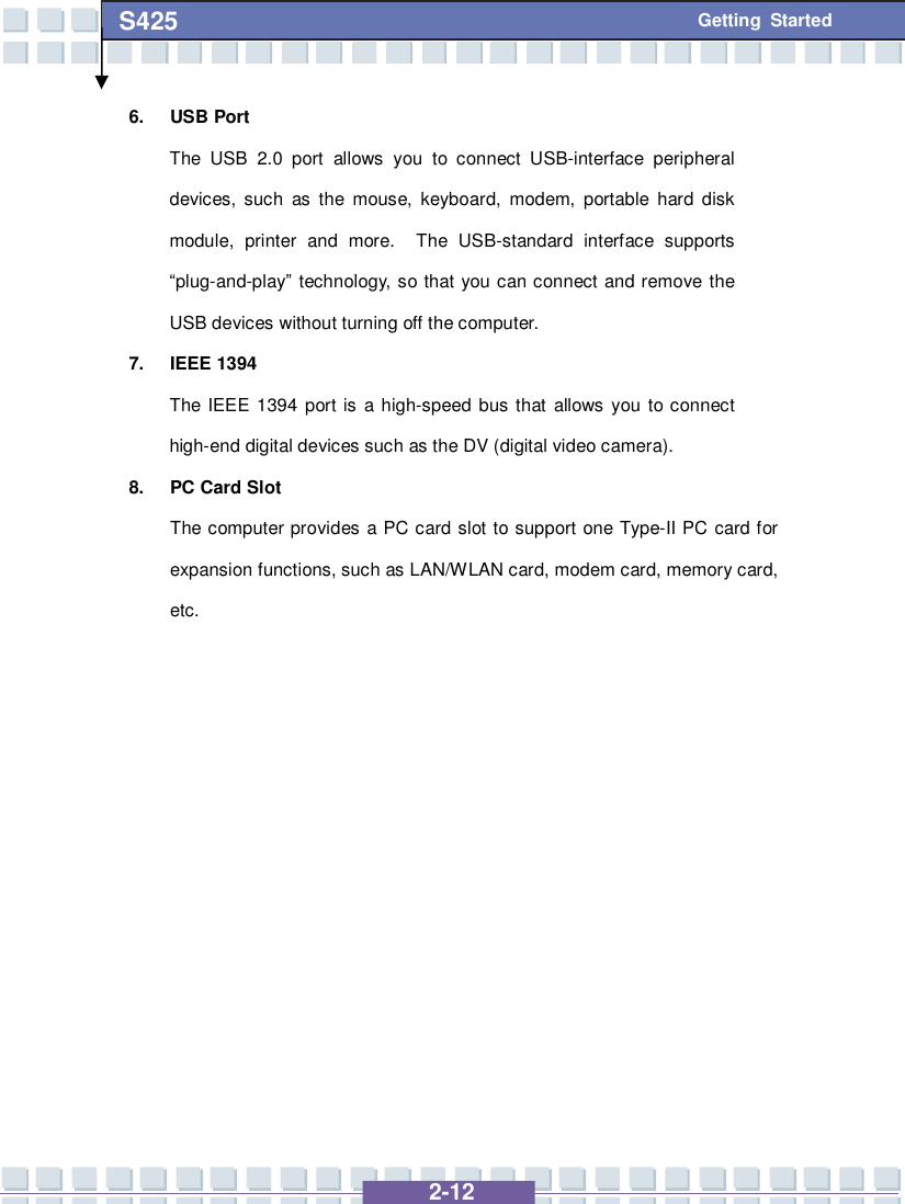   2-12 S425 Getting Started 6. USB Port The USB 2.0 port allows you to connect USB-interface peripheral devices, such as the mouse, keyboard, modem, portable hard disk module, printer and more.  The USB-standard interface supports “plug-and-play” technology, so that you can connect and remove the USB devices without turning off the computer. 7. IEEE 1394 The IEEE 1394 port is a high-speed bus that allows you to connect high-end digital devices such as the DV (digital video camera). 8. PC Card Slot The computer provides a PC card slot to support one Type-II PC card for expansion functions, such as LAN/WLAN card, modem card, memory card, etc.           