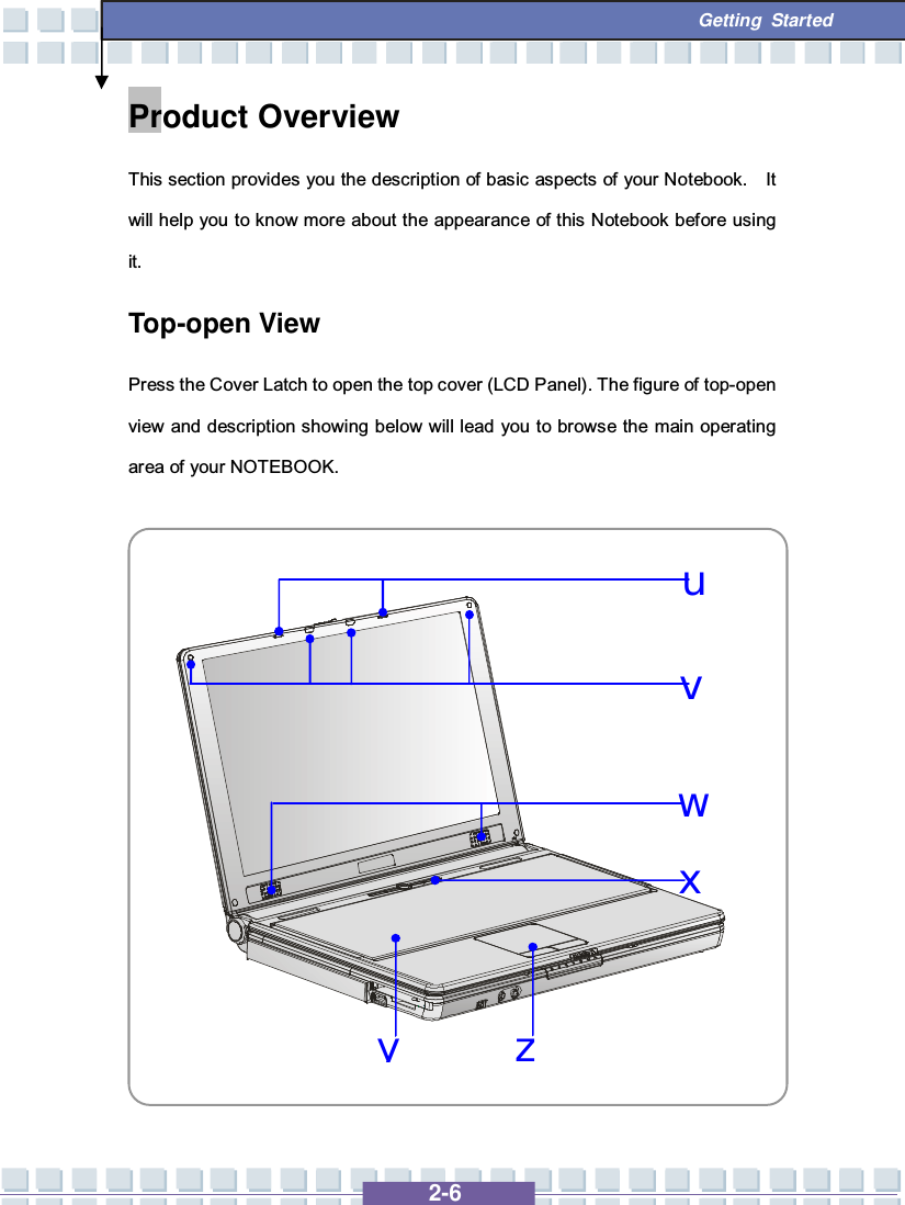   2-6  Getting Started wxyzvuProduct Overview This section provides you the description of basic aspects of your Notebook.  It will help you to know more about the appearance of this Notebook before using it. Top-open View Press the Cover Latch to open the top cover (LCD Panel). The figure of top-open view and description showing below will lead you to browse the main operating area of your NOTEBOOK.                 
