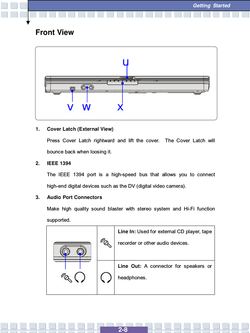   2-8  Getting Started uvwxFront View        1. Cover Latch (External View) Press Cover Latch rightward and lift the cover.  The Cover Latch will bounce back when loosing it. 2. IEEE 1394   The IEEE 1394 port is a high-speed bus that allows you to connect high-end digital devices such as the DV (digital video camera). 3. Audio Port Connectors Make high quality sound blaster with stereo system and Hi-Fi function supported.  Line In: Used for external CD player, tape recorder or other audio devices.          Line Out: A connector for speakers or headphones.   