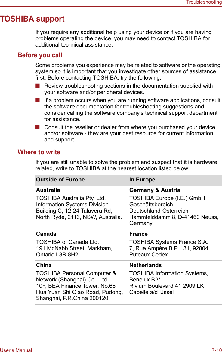 User’s Manual 7-10TroubleshootingTOSHIBA supportIf you require any additional help using your device or if you are having problems operating the device, you may need to contact TOSHIBA for additional technical assistance.Before you callSome problems you experience may be related to software or the operating system so it is important that you investigate other sources of assistance first. Before contacting TOSHIBA, try the following:■Review troubleshooting sections in the documentation supplied with your software and/or peripheral devices.■If a problem occurs when you are running software applications, consult the software documentation for troubleshooting suggestions and consider calling the software company&apos;s technical support department for assistance.■Consult the reseller or dealer from where you purchased your device and/or software - they are your best resource for current information and support.Where to writeIf you are still unable to solve the problem and suspect that it is hardware related, write to TOSHIBA at the nearest location listed below:Outside of Europe In EuropeAustraliaTOSHIBA Australia Pty. Ltd.Information Systems Division Building C, 12-24 Talavera Rd, North Ryde, 2113, NSW, Australia.Germany &amp; AustriaTOSHIBA Europe (I.E.) GmbH Geschäftsbereich, Deutschland-Österreich Hammfelddamm 8, D-41460 Neuss, GermanyCanadaTOSHIBA of Canada Ltd.191 McNabb Street, Markham, Ontario L3R 8H2FranceTOSHIBA Systèms France S.A.7, Rue Ampère B.P. 131, 92804 Puteaux CedexChinaTOSHIBA Personal Computer &amp; Network (Shanghai) Co., Ltd.10F, BEA Finance Tower, No.66  Hua Yuan Shi Qiao Road, Pudong, Shanghai, P.R.China 200120NetherlandsTOSHIBA Information Systems, Benelux B.V.Rivium Boulevard 41 2909 LK Capelle a/d IJssel