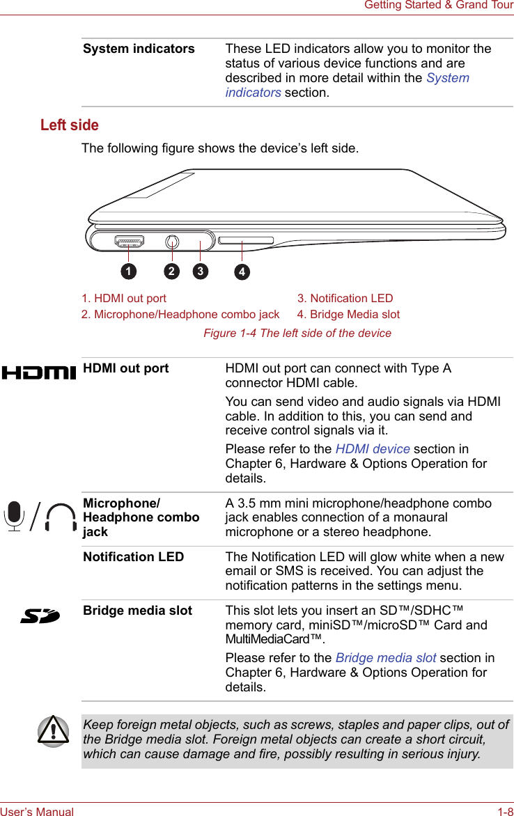 User’s Manual 1-8Getting Started &amp; Grand TourLeft sideThe following figure shows the device’s left side.Figure 1-4 The left side of the deviceSystem indicators These LED indicators allow you to monitor the status of various device functions and are described in more detail within the System indicators section.1. HDMI out port 3. Notification LED2. Microphone/Headphone combo jack 4. Bridge Media slot12 3 4HDMI out port HDMI out port can connect with Type A connector HDMI cable.You can send video and audio signals via HDMI cable. In addition to this, you can send and receive control signals via it.Please refer to the HDMI device section in Chapter 6, Hardware &amp; Options Operation for details.Microphone/Headphone combo jackA 3.5 mm mini microphone/headphone combo jack enables connection of a monaural microphone or a stereo headphone.Notification LED The Notification LED will glow white when a new email or SMS is received. You can adjust the notification patterns in the settings menu.Bridge media slot This slot lets you insert an SD™/SDHC™ memory card, miniSD™/microSD™ Card and MultiMediaCard™. Please refer to the Bridge media slot section in Chapter 6, Hardware &amp; Options Operation for details.Keep foreign metal objects, such as screws, staples and paper clips, out of the Bridge media slot. Foreign metal objects can create a short circuit, which can cause damage and fire, possibly resulting in serious injury.