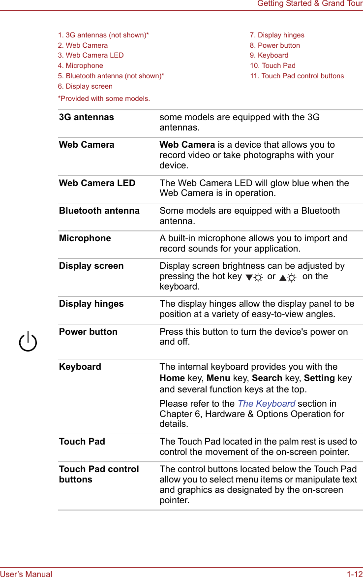 User’s Manual 1-12Getting Started &amp; Grand Tour*Provided with some models.1. 3G antennas (not shown)* 7. Display hinges2. Web Camera 8. Power button3. Web Camera LED 9. Keyboard4. Microphone 10. Touch Pad5. Bluetooth antenna (not shown)* 11. Touch Pad control buttons6. Display screen3G antennas some models are equipped with the 3G antennas.Web Camera Web Camera is a device that allows you to record video or take photographs with your device. Web Camera LED The Web Camera LED will glow blue when the Web Camera is in operation.Bluetooth antenna Some models are equipped with a Bluetooth antenna.Microphone A built-in microphone allows you to import and record sounds for your application.Display screen Display screen brightness can be adjusted by pressing the hot key   or   on the keyboard. Display hinges The display hinges allow the display panel to be position at a variety of easy-to-view angles.Power button Press this button to turn the device&apos;s power on and off.Keyboard The internal keyboard provides you with the Home key, Menu key, Search key, Setting key and several function keys at the top.Please refer to the The Keyboard section in Chapter 6, Hardware &amp; Options Operation for details.Touch Pad The Touch Pad located in the palm rest is used to control the movement of the on-screen pointer. Touch Pad control buttonsThe control buttons located below the Touch Pad allow you to select menu items or manipulate text and graphics as designated by the on-screen pointer.