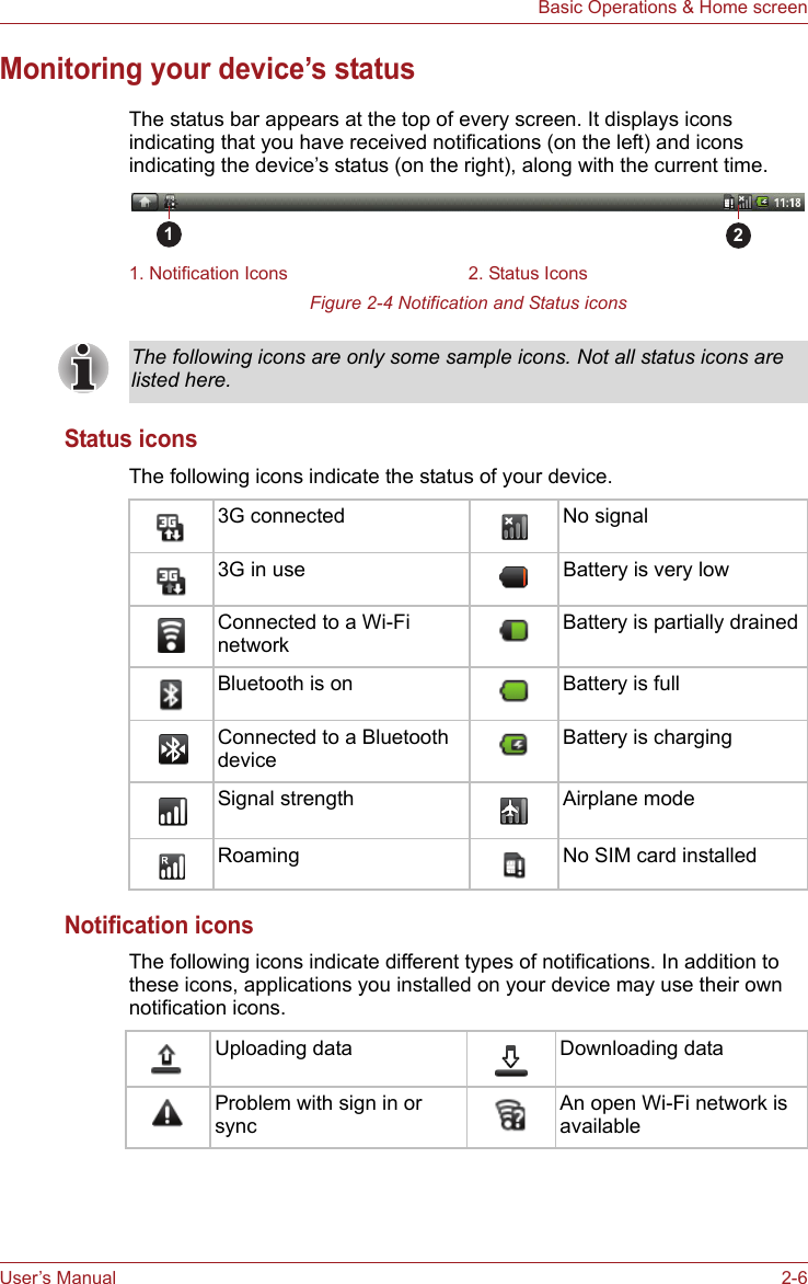 User’s Manual 2-6Basic Operations &amp; Home screenMonitoring your device’s statusThe status bar appears at the top of every screen. It displays icons indicating that you have received notifications (on the left) and icons indicating the device’s status (on the right), along with the current time.Figure 2-4 Notification and Status iconsStatus iconsThe following icons indicate the status of your device. Notification iconsThe following icons indicate different types of notifications. In addition to these icons, applications you installed on your device may use their own notification icons.1. Notification Icons 2. Status Icons12The following icons are only some sample icons. Not all status icons are listed here.3G connected No signal3G in use Battery is very lowConnected to a Wi-Fi networkBattery is partially drainedBluetooth is on Battery is fullConnected to a Bluetooth deviceBattery is chargingSignal strength Airplane modeRoaming No SIM card installedUploading data Downloading dataProblem with sign in or syncAn open Wi-Fi network is available