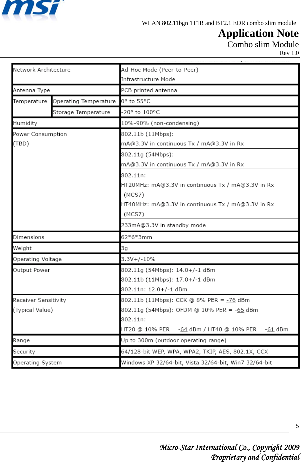                          WLAN 802.11bgn 1T1R and BT2.1 EDR combo slim module                                                         Application Note                                                       Combo slim Module                                                                            Rev 1.0   Micro-Star International Co., Copyright 2009  Proprietary and Confidential 5   