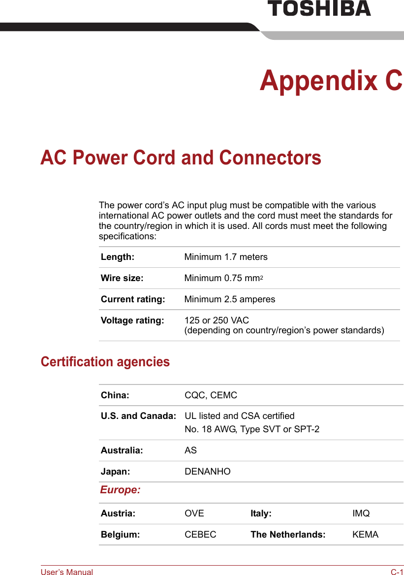 User’s Manual C-1Appendix CAC Power Cord and ConnectorsThe power cord’s AC input plug must be compatible with the various international AC power outlets and the cord must meet the standards for the country/region in which it is used. All cords must meet the following specifications:Certification agenciesLength: Minimum 1.7 metersWire size: Minimum 0.75 mm2Current rating: Minimum 2.5 amperesVoltage rating: 125 or 250 VAC (depending on country/region’s power standards)China: CQC, CEMCU.S. and Canada: UL listed and CSA certifiedNo. 18 AWG, Type SVT or SPT-2Australia: ASJapan: DENANHOEurope:Austria: OVE Italy: IMQBelgium: CEBEC The Netherlands: KEMA