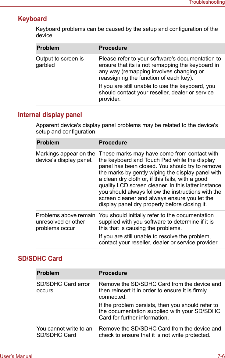 User’s Manual 7-6TroubleshootingKeyboardKeyboard problems can be caused by the setup and configuration of the device.Internal display panelApparent device&apos;s display panel problems may be related to the device&apos;s setup and configuration.SD/SDHC CardProblem ProcedureOutput to screen is garbledPlease refer to your software&apos;s documentation to ensure that its is not remapping the keyboard in any way (remapping involves changing or reassigning the function of each key).If you are still unable to use the keyboard, you should contact your reseller, dealer or service provider.Problem ProcedureMarkings appear on the device&apos;s display panel.These marks may have come from contact with the keyboard and Touch Pad while the display panel has been closed. You should try to remove the marks by gently wiping the display panel with a clean dry cloth or, if this fails, with a good quality LCD screen cleaner. In this latter instance you should always follow the instructions with the screen cleaner and always ensure you let the display panel dry properly before closing it.Problems above remain unresolved or other problems occurYou should initially refer to the documentation supplied with you software to determine if it is this that is causing the problems. If you are still unable to resolve the problem, contact your reseller, dealer or service provider.Problem ProcedureSD/SDHC Card error occursRemove the SD/SDHC Card from the device and then reinsert it in order to ensure it is firmly connected.If the problem persists, then you should refer to the documentation supplied with your SD/SDHC Card for further information.You cannot write to an SD/SDHC CardRemove the SD/SDHC Card from the device and check to ensure that it is not write protected.