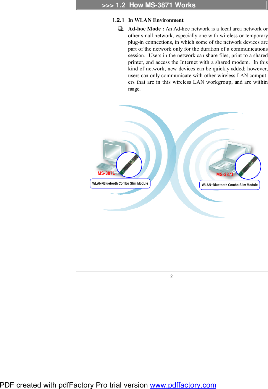 2Ad-hoc Mode : An Ad-hoc network is a local area network orother small network, especially one with wireless or temporaryplug-in connections, in which some of the network devices arepart of the network only for the duration of a communicationssession.  Users in the network can share files, print to a sharedprinter, and access the Internet with a shared modem.  In thiskind of network, new devices can be quickly added; however,users can only communicate with other wireless LAN comput-ers that are in this wireless LAN workgroup, and are withinrange.&gt;&gt;&gt; 1.2  How MS-3871 WorksMS-3871 MS-3871In WLAN Environment1.2.1WLAN+Bluetooth Combo Slim Module WLAN+Bluetooth Combo Slim ModulePDF created with pdfFactory Pro trial version www.pdffactory.com