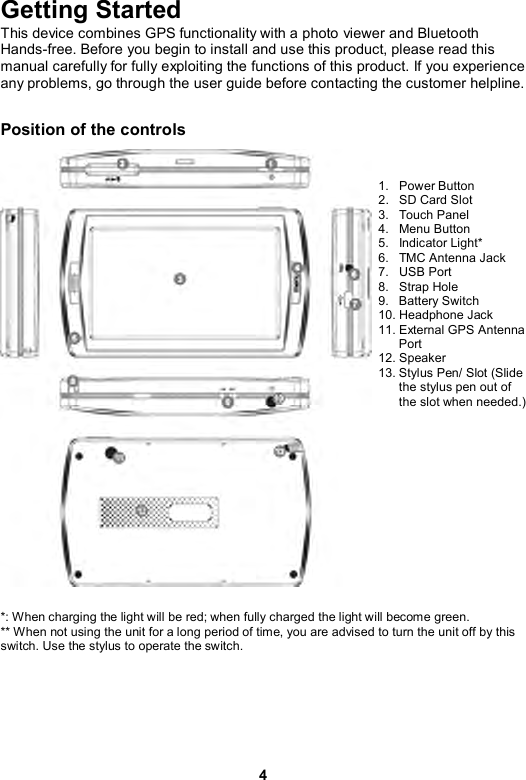 4 Getting Started   This device combines GPS functionality with a photo viewer and Bluetooth Hands-free. Before you begin to install and use this product, please read this manual carefully for fully exploiting the functions of this product. If you experience any problems, go through the user guide before contacting the customer helpline.  Position of the controls    1. Power Button 2.  SD Card Slot 3. Touch Panel 4. Menu Button 5. Indicator Light*  6.  TMC Antenna Jack 7. USB Port  8. Strap Hole 9. Battery Switch 10. Headphone Jack   11. External GPS Antenna Port  12. Speaker   13. Stylus Pen/ Slot (Slide the stylus pen out of the slot when needed.)        *: When charging the light will be red; when fully charged the light will become green. ** When not using the unit for a long period of time, you are advised to turn the unit off by this switch. Use the stylus to operate the switch.  