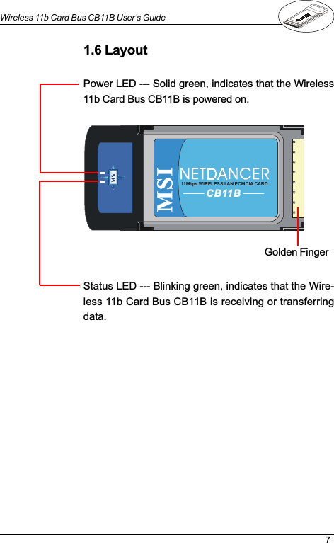 7Wireless 11b Card Bus CB11B User’s Guide1.6 LayoutNETDANCER+**11Mbps WIRELESS LAN PCMCIA CARDPower LED --- Solid green, indicates that the Wireless11b Card Bus CB11B is powered on.Status LED --- Blinking green, indicates that the Wire-less 11b Card Bus CB11B is receiving or transferringdata.Golden Finger