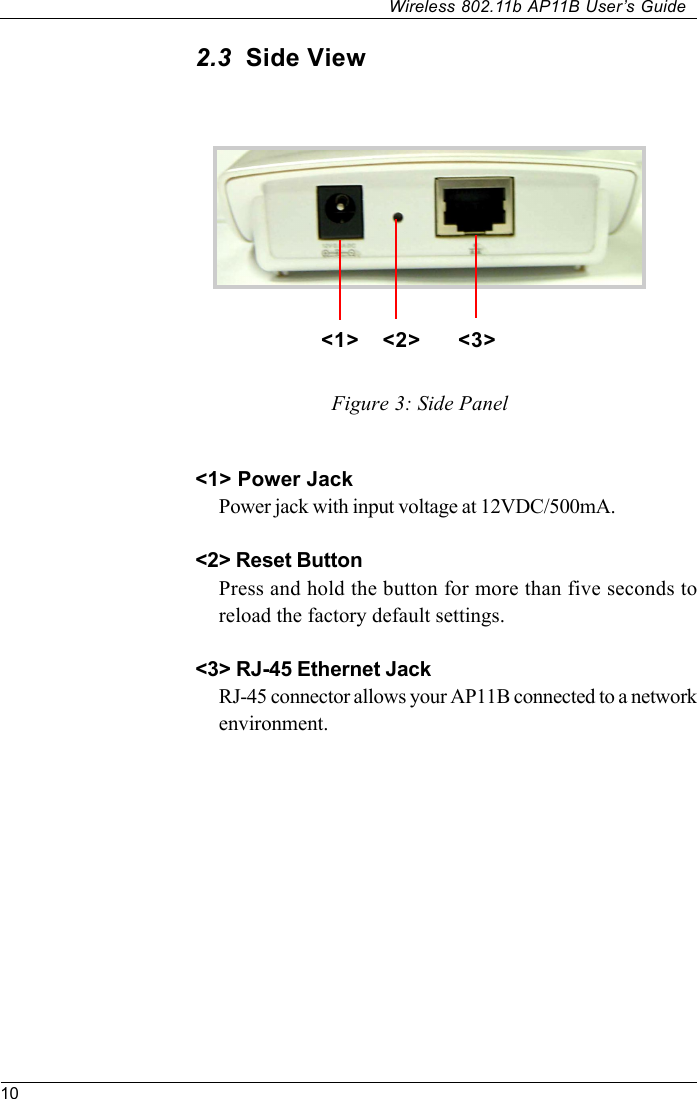 10Wireless 802.11b AP11B User’s Guide2.3  Side View&lt;1&gt; Power JackPower jack with input voltage at 12VDC/500mA.&lt;2&gt; Reset ButtonPress and hold the button for more than five seconds toreload the factory default settings.&lt;3&gt; RJ-45 Ethernet JackRJ-45 connector allows your AP11B connected to a networkenvironment.&lt;1&gt; &lt;3&gt;Figure 3: Side Panel&lt;2&gt;