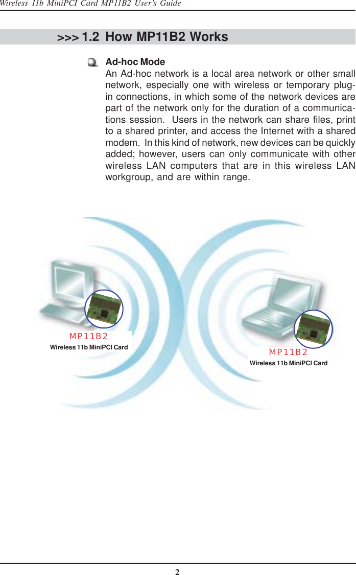 2Wireless 11b MiniPCI Card MP11B2 User’s GuideHow MP11B2 WorksAd-hoc ModeAn Ad-hoc network is a local area network or other smallnetwork, especially one with wireless or temporary plug-in connections, in which some of the network devices arepart of the network only for the duration of a communica-tions session.  Users in the network can share files, printto a shared printer, and access the Internet with a sharedmodem.  In this kind of network, new devices can be quicklyadded; however, users can only communicate with otherwireless LAN computers that are in this wireless LANworkgroup, and are within range.&gt;&gt;&gt; 1.2MP11B2Wireless 11b MiniPCI Card MP11B2Wireless 11b MiniPCI Card