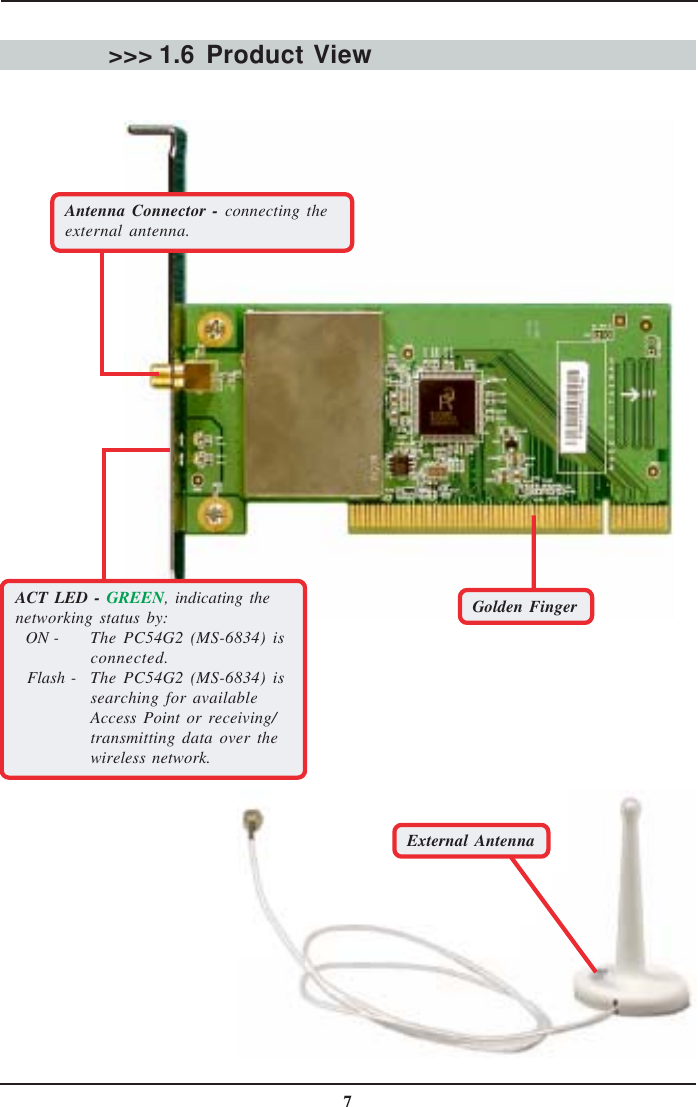 7Product View&gt;&gt;&gt; 1.6Antenna Connector - connecting theexternal antenna.ACT LED - GREEN, indicating thenetworking status by:ON - The PC54G2 (MS-6834) isconnected.  Flash - The PC54G2 (MS-6834) issearching for availableAccess Point or receiving/transmitting data over thewireless network.Golden FingerExternal Antenna