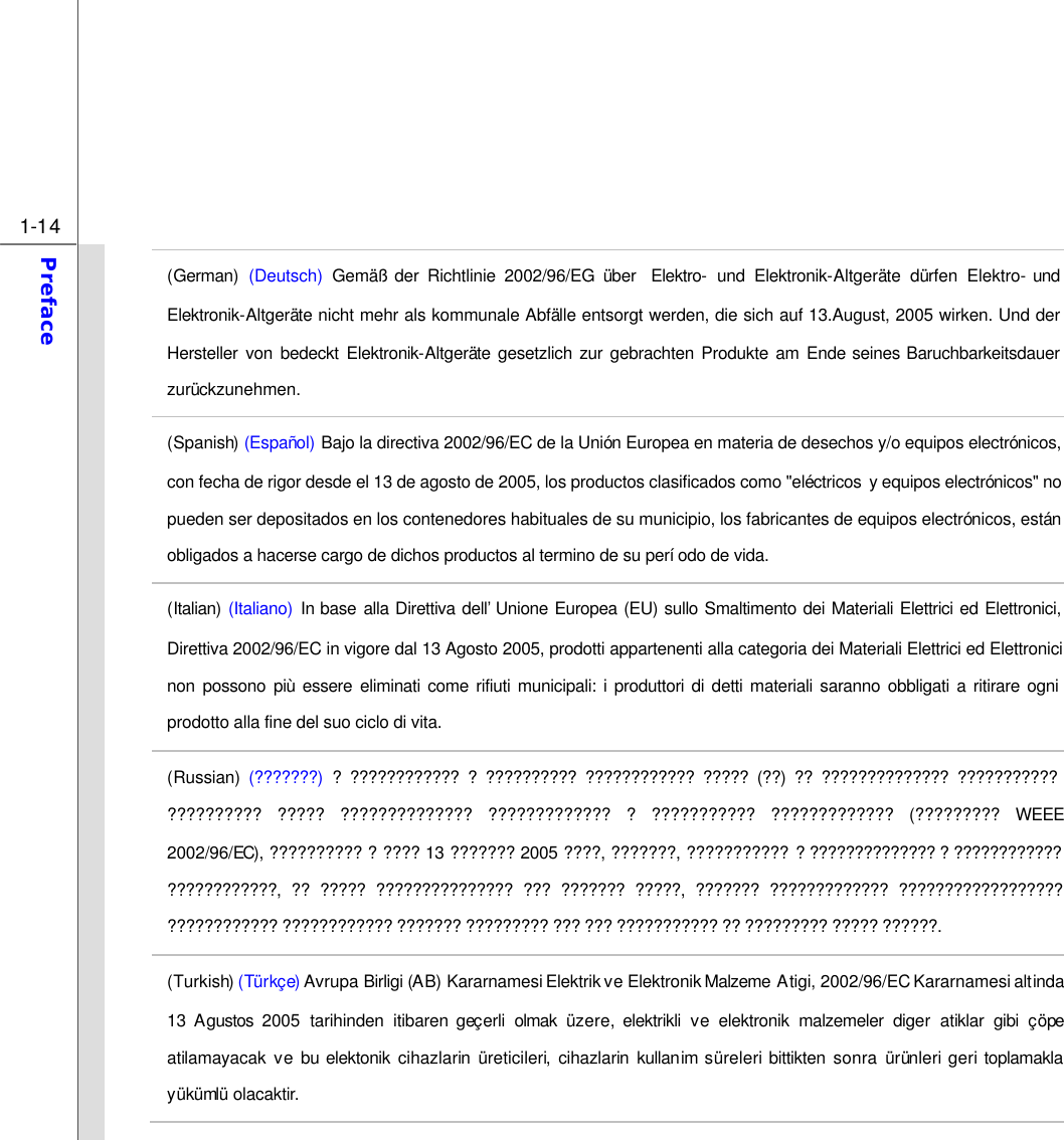 1-14 Preface  (German) (Deutsch) Gemäß der Richtlinie 2002/96/EG über  Elektro- und Elektronik-Altgeräte dürfen Elektro- und Elektronik-Altgeräte nicht mehr als kommunale Abfälle entsorgt werden, die sich auf 13.August, 2005 wirken. Und der Hersteller von bedeckt Elektronik-Altgeräte gesetzlich zur gebrachten Produkte am Ende seines Baruchbarkeitsdauer zurückzunehmen. (Spanish) (Español) Bajo la directiva 2002/96/EC de la Unión Europea en materia de desechos y/o equipos electrónicos, con fecha de rigor desde el 13 de agosto de 2005, los productos clasificados como &quot;eléctricos  y equipos electrónicos&quot; no pueden ser depositados en los contenedores habituales de su municipio, los fabricantes de equipos electrónicos, están obligados a hacerse cargo de dichos productos al termino de su período de vida. (Italian) (Italiano) In base alla Direttiva dell’Unione Europea (EU) sullo Smaltimento dei Materiali Elettrici ed Elettronici, Direttiva 2002/96/EC in vigore dal 13 Agosto 2005, prodotti appartenenti alla categoria dei Materiali Elettrici ed Elettronici non possono più essere eliminati come rifiuti municipali: i produttori di detti materiali saranno obbligati a ritirare ogni prodotto alla fine del suo ciclo di vita. (Russian) (???????) ? ???????????? ? ?????????? ???????????? ????? (??) ?? ?????????????? ??????????? ?????????? ????? ?????????????? ????????????? ? ??????????? ????????????? (????????? WEEE 2002/96/EC), ?????????? ? ???? 13 ??????? 2005 ????, ???????, ??????????? ? ?????????????? ? ???????????? ????????????, ?? ????? ??????????????? ??? ??????? ?????, ??????? ????????????? ?????????????????? ???????????? ???????????? ??????? ????????? ??? ??? ??????????? ?? ????????? ????? ??????. (Turkish) (Türkçe) Avrupa Birligi (AB) Kararnamesi Elektrik ve Elektronik Malzeme Atigi, 2002/96/EC Kararnamesi altinda 13  Agustos 2005  tarihinden itibaren geçerli olmak üzere,  elektrikli ve elektronik malzemeler diger atiklar gibi çöpe atilamayacak ve bu elektonik cihazlarin üreticileri, cihazlarin kullanim süreleri bittikten sonra ürünleri geri toplamakla yükümlü olacaktir. 