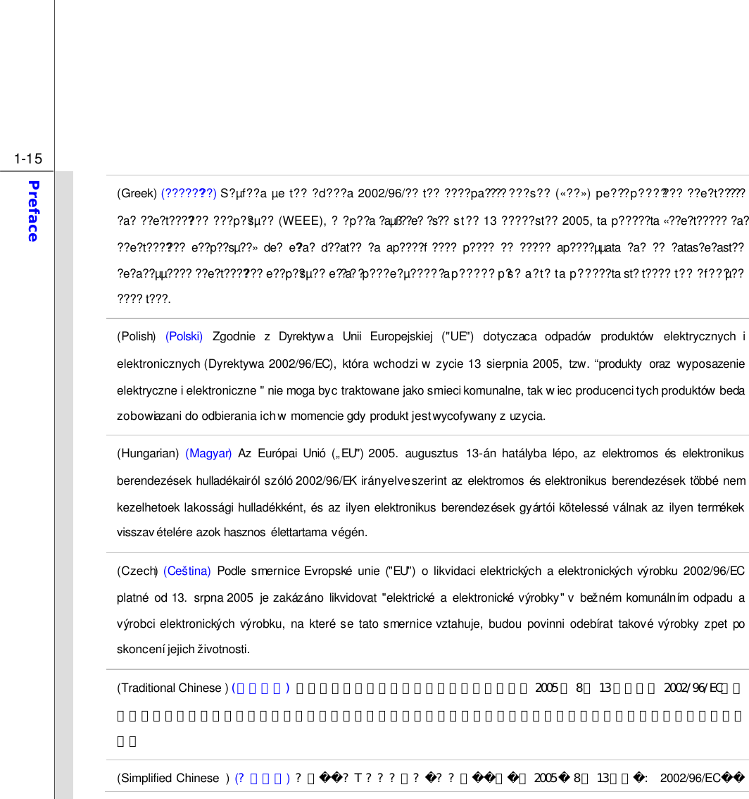  1-15 Preface  (Greek) (????????) S?µf??a µe t?? ?d???a 2002/96/?? t?? ????pa???? ???s?? («??») pe?? ?p??????? ??e?t????? ?a? ??e?t??????? ???p??sµ?? (WEEE), ? ?p??a ?aµß??e? ?s?? st?? 13 ?????st?? 2005, ta p?????ta «??e?t????? ?a? ??e?t??????? e??p??sµ??» de? e??a? d??at?? ?a ap????f???? p???? ?? ????? ap????µµata ?a? ?? ?atas?e?ast?? ?e?a??µµ???? ??e?t??????? e??p??sµ?? e??a? ?p???e?µ???? ?a p????? p?s? a?t? ta p?????ta st? t???? t?? ?f???µ?? ???? t???. (Polish) (Polski) Zgodnie z Dyrektyw a  Unii Europejskiej (&quot;UE&quot;)  dotyczaca  odpadów produktów elektrycznych i elektronicznych (Dyrektywa 2002/96/EC),  która wchodzi w zycie 13 sierpnia 2005,  tzw. “produkty  oraz  wyposazenie elektryczne i elektroniczne &quot; nie moga byc traktowane jako smieci komunalne, tak wiec producenci tych produktów beda zobowiazani do odbierania ich w momencie gdy produkt jest wycofywany z uzycia. (Hungarian) (Magyar) Az Európai Unió („EU&quot;) 2005.  augusztus  13-án hatályba lépo,  az elektromos és elektronikus berendezések hulladékairól szóló 2002/96/EK irányelve szerint az  elektromos és elektronikus berendezések többé nem kezelhetoek lakossági hulladékként, és az ilyen elektronikus berendezések gyártói kötelessé válnak az ilyen termékek visszav ételére azok hasznos  élettartama végén. (Czech) (Ceština) Podle smernice Evropské unie (&quot;EU&quot;)  o likvidaci elektrických a elektronických výrobku 2002/96/EC platné od 13.  srpna 2005  je zakázáno likvidovat &quot;elektrické a elektronické výrobky&quot;  v bež ném komunálním odpadu a výrobci elektronických výrobku,  na které se tato smernice vztahuje,  budou povinni odebírat takové výrobky zpet po skoncení  jejich životnosti. (Traditional Chinese ) (繁體中文) 歐盟已制訂有關廢電機電子設備法令，亦即自 2005 年8月13 日生效的 2002/96/EC，明文規定「電機電子設備產品」不可再以都市廢棄物處理，且所有相關電子設備製造商，均須在產品使用壽命結束後進行回收。 (Simplified Chinese  ) (？蔨いゅ) ？幅？Τ？？？审？？？猭ョ、 20058る13らネ： 2002/96/EC