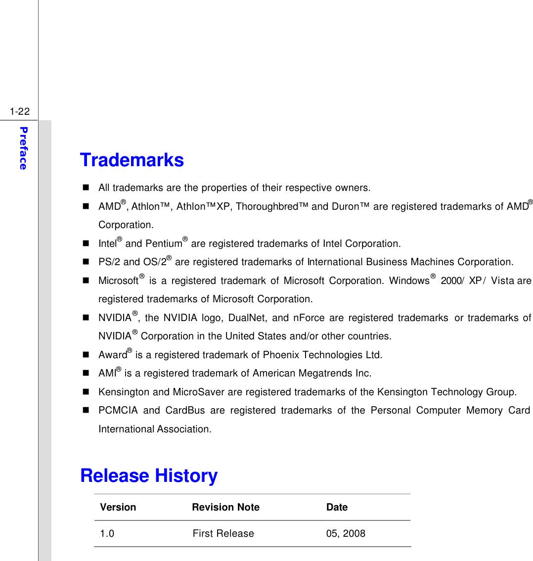  1-22 Preface   Trademarks n All trademarks are the properties of their respective owners. n AMD®, Athlon™ , Athlon™XP, Thoroughbred™ and Duron™ are registered trademarks of AMD® Corporation. n Intel® and Pentium® are registered trademarks of Intel Corporation. n PS/2 and OS/2® are registered trademarks of International Business Machines Corporation. n Microsoft® is a registered trademark of Microsoft Corporation. Windows® 2000/ XP/ Vista are registered trademarks of Microsoft Corporation. n NVIDIA®, the NVIDIA logo, DualNet, and nForce are registered trademarks  or trademarks of NVIDIA® Corporation in the United States and/or other countries. n Award® is a registered trademark of Phoenix Technologies Ltd. n AMI® is a registered trademark of American Megatrends Inc.   n Kensington and MicroSaver are registered trademarks of the Kensington Technology Group. n PCMCIA and CardBus are registered trademarks of the Personal Computer Memory Card International Association.  Release History Version Revision Note Date 1.0 First Release 05, 2008 