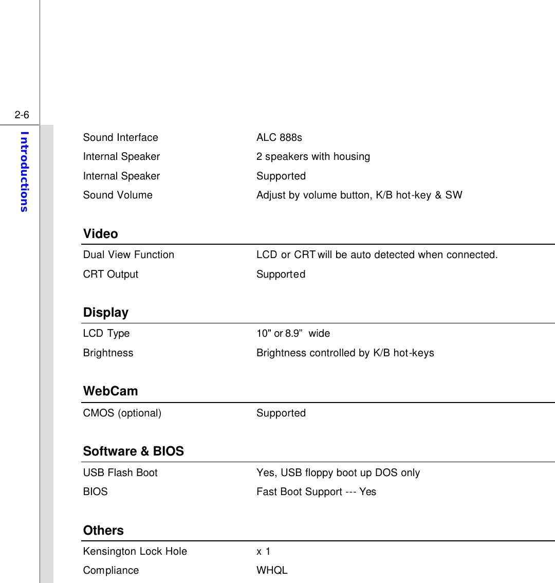  2-6 Introductions  Sound Interface ALC 888s Internal Speaker 2 speakers with housing Internal Speaker Supported Sound Volume Adjust by volume button, K/B hot-key &amp; SW  Video Dual View Function LCD or CRT will be auto detected when connected. CRT Output  Supported  Display   LCD Type 10&quot; or 8.9”  wide     Brightness Brightness controlled by K/B hot-keys  WebCam CMOS (optional) Supported  Software &amp; BIOS USB Flash Boot Yes, USB floppy boot up DOS only BIOS Fast Boot Support --- Yes  Others Kensington Lock Hole x 1 Compliance WHQL 