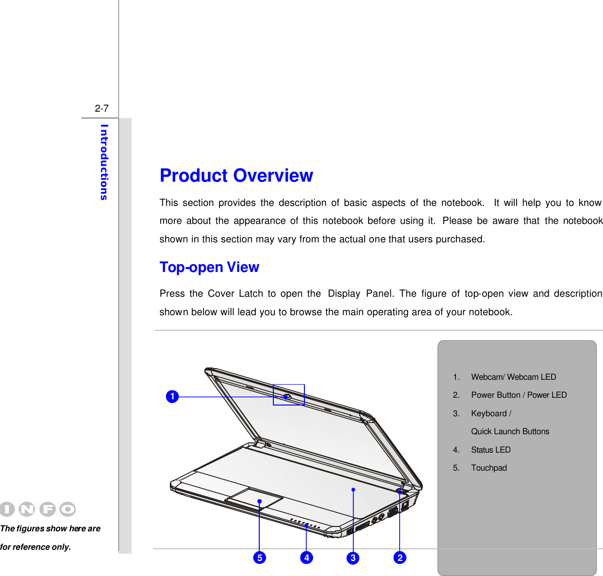  2-7 Introductions   Product Overview                                        This section provides the description of basic aspects of the notebook.  It will help you to know more about the appearance of this notebook before using it.  Please be aware that the  notebook shown in this section may vary from the actual one that users purchased.   Top-open View    Press the Cover Latch to open the  Display Panel. The figure of top-open view and description shown below will lead you to browse the main operating area of your notebook.             The figures show here are for reference only. 1. Webcam/ Webcam LED 2. Power Button / Power LED 3. Keyboard / Quick Launch Buttons  4. Status LED 5. Touchpad      1 5 3 4 2 