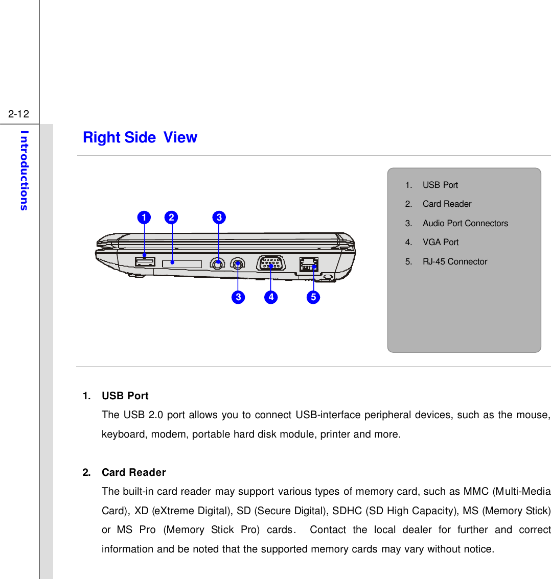  2-12 Introductions  Right Side View                1. USB Port The USB 2.0 port allows you to connect USB-interface peripheral devices, such as the mouse, keyboard, modem, portable hard disk module, printer and more.  2. Card Reader The built-in card reader may support various types of memory card, such as MMC (Multi-Media Card), XD (eXtreme Digital), SD (Secure Digital), SDHC (SD High Capacity), MS (Memory Stick) or  MS Pro (Memory  Stick Pro) cards.  Contact the local dealer for further and correct information and be noted that the supported memory cards may vary without notice.  1. USB Port 2. Card Reader 3. Audio Port Connectors   4. VGA Port 5. RJ-45 Connector   4 5 3 1 2 3 