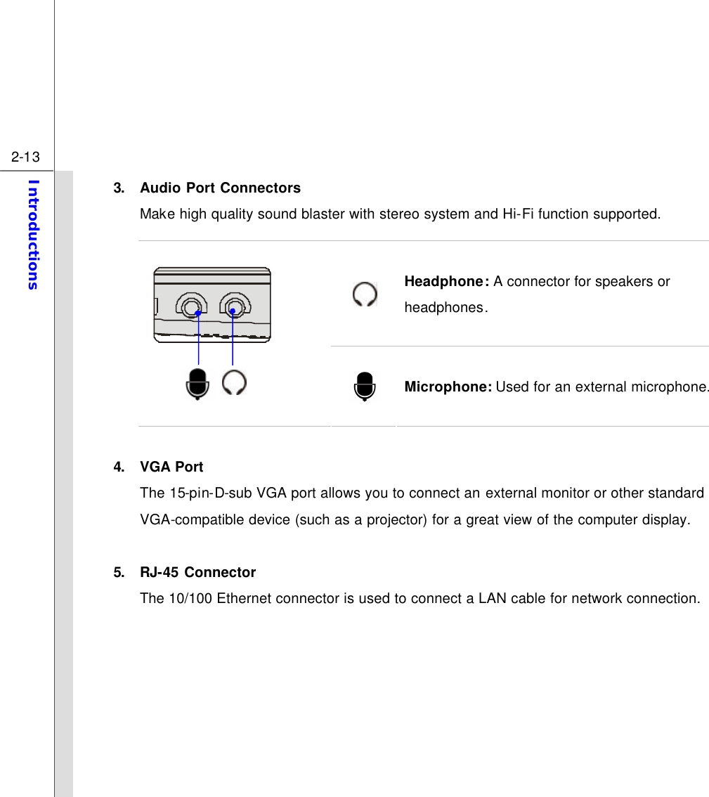  2-13 Introductions  3. Audio Port Connectors   Make high quality sound blaster with stereo system and Hi-Fi function supported.    Headphone: A connector for speakers or headphones.           Microphone: Used for an external microphone.  4. VGA Port The 15-pin-D-sub VGA port allows you to connect an external monitor or other standard VGA-compatible device (such as a projector) for a great view of the computer display.  5. RJ-45 Connector The 10/100 Ethernet connector is used to connect a LAN cable for network connection.        