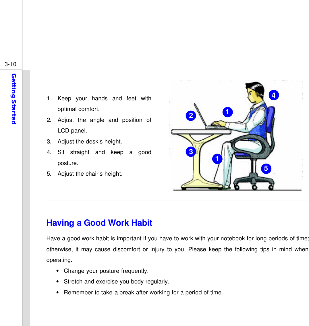  3-10 Getting Started    1. Keep your hands and feet with optimal comfort. 2. Adjust the angle and position of LCD panel. 3. Adjust the desk’s height. 4. Sit straight and keep a good posture. 5. Adjust the chair’s height.    Having a Good Work Habit Have a good work habit is important if you have to work with your notebook for long periods of time; otherwise, it may cause discomfort or injury to you. Please keep the following tips in mind when operating. w Change your posture frequently. w Stretch and exercise you body regularly. w Remember to take a break after working for a period of time.   2 5 4 3 1 1 