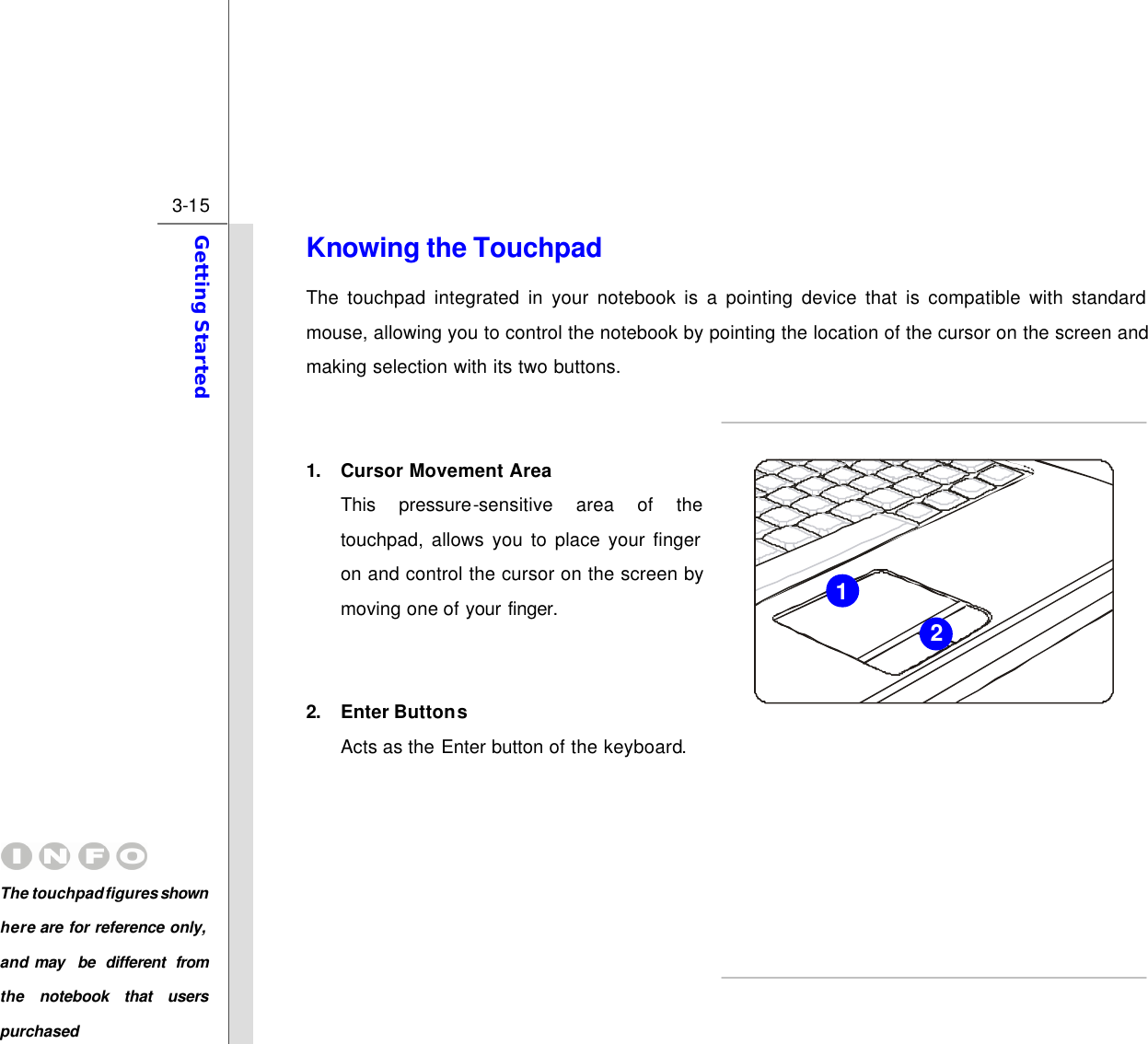  3-15 Getting Started  Knowing the Touchpad The touchpad integrated in your notebook is a pointing device that is compatible with standard mouse, allowing you to control the notebook by pointing the location of the cursor on the screen and making selection with its two buttons.   1. Cursor Movement Area This pressure-sensitive area of the touchpad, allows you to place your finger on and control the cursor on the screen by moving one of your finger.   2. Enter Buttons Acts as the Enter button of the keyboard.       2 1 The touchpad figures shown here are for reference only, and may  be different from the notebook that users purchased  