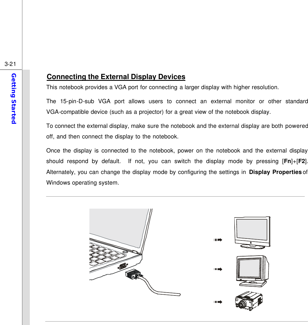  3-21 Getting Started  Connecting the External Display Devices This notebook provides a VGA port for connecting a larger display with higher resolution.   The 15-pin-D-sub VGA port allows users to connect an external monitor or other standard VGA-compatible device (such as a projector) for a great view of the notebook display. To connect the external display, make sure the notebook and the external display are both powered off, and then connect the display to the notebook.   Once the display is connected to the notebook, power on the notebook and the external display should respond by default.  If not, you can switch the display mode by pressing [Fn]+[F2].  Alternately, you can change the display mode by configuring the settings in Display Properties of Windows operating system.              