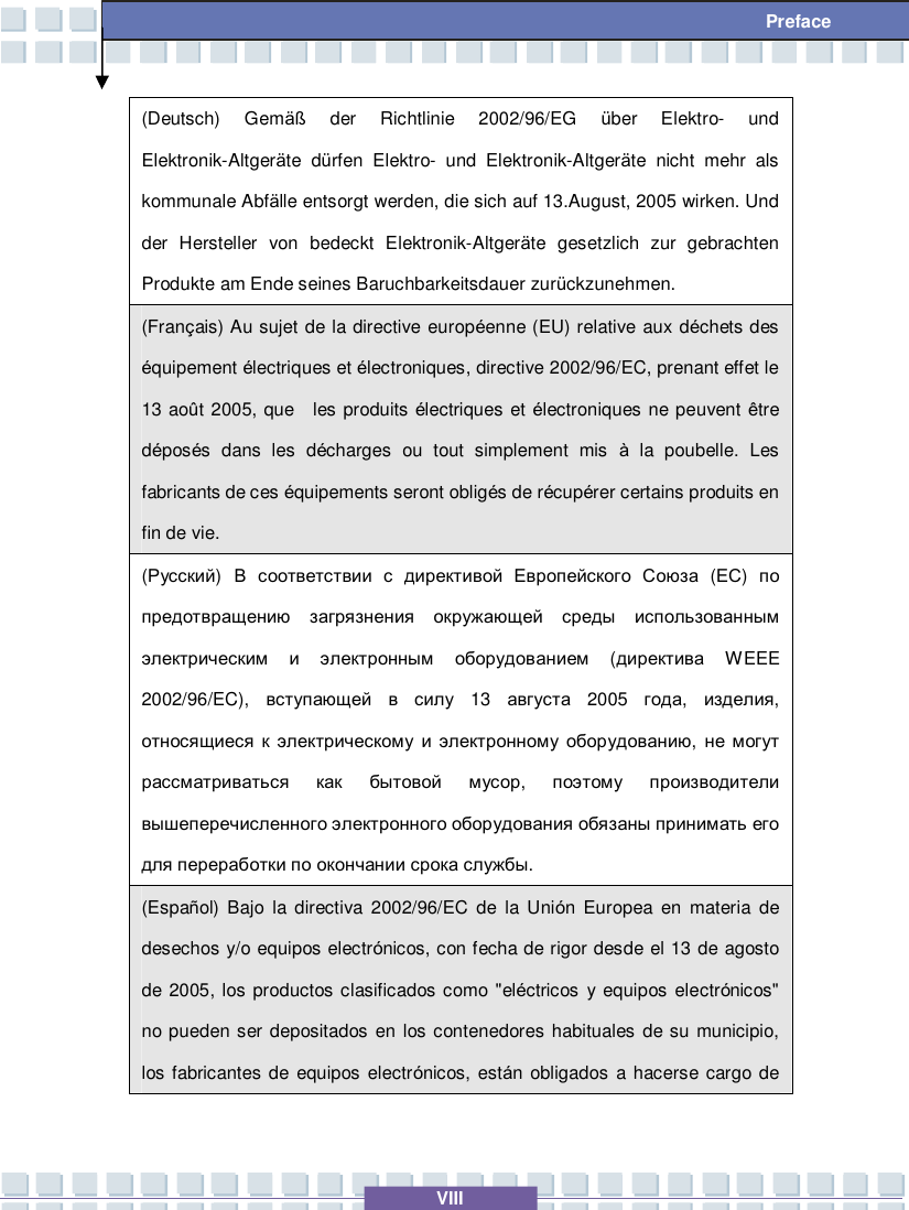   VIII  Preface (Deutsch) Gemäß der Richtlinie 2002/96/EG  über Elektro- und Elektronik-Altgeräte dürfen Elektro- und Elektronik-Altgeräte nicht mehr als kommunale Abfälle entsorgt werden, die sich auf 13.August, 2005 wirken. Und der Hersteller von bedeckt Elektronik-Altgeräte gesetzlich zur gebrachten Produkte am Ende seines Baruchbarkeitsdauer zurückzunehmen. (Français) Au sujet de la directive européenne (EU) relative aux déchets des équipement électriques et électroniques, directive 2002/96/EC, prenant effet le 13 août 2005, que  les produits électriques et électroniques ne peuvent être déposés dans les décharges ou tout simplement mis  à la poubelle. Les fabricants de ces équipements seront obligés de récupérer certains produits en fin de vie. (Русский)  В соответствии с директивой Европейского Союза (ЕС)  по предотвращению загрязнения окружающей среды использованным электрическим и электронным оборудованием (директива WEEE 2002/96/EC),  вступающей в силу 13  августа 2005  года,  изделия, относящиеся к электрическому и электронному оборудованию,  не могут рассматриваться как бытовой мусор,  поэтому производители вышеперечисленного электронного оборудования обязаны принимать его для переработки по окончании срока службы. (Español) Bajo la directiva 2002/96/EC de la Unión Europea en materia de desechos y/o equipos electrónicos, con fecha de rigor desde el 13 de agosto de 2005, los productos clasificados como &quot;eléctricos y equipos electrónicos&quot; no pueden ser depositados en los contenedores habituales de su municipio, los fabricantes de equipos electrónicos, están obligados a hacerse cargo de 