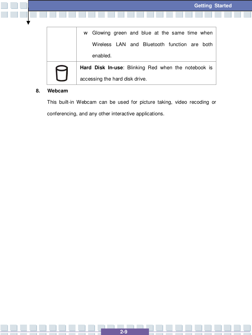   2-9 Getting Started w Glowing green and blue at the same time when Wireless LAN and Bluetooth function are both enabled.  Hard Disk In-use: Blinking Red when the notebook is accessing the hard disk drive. 8. Webcam This built-in Webcam can be used for picture taking, video recoding or conferencing, and any other interactive applications.                  