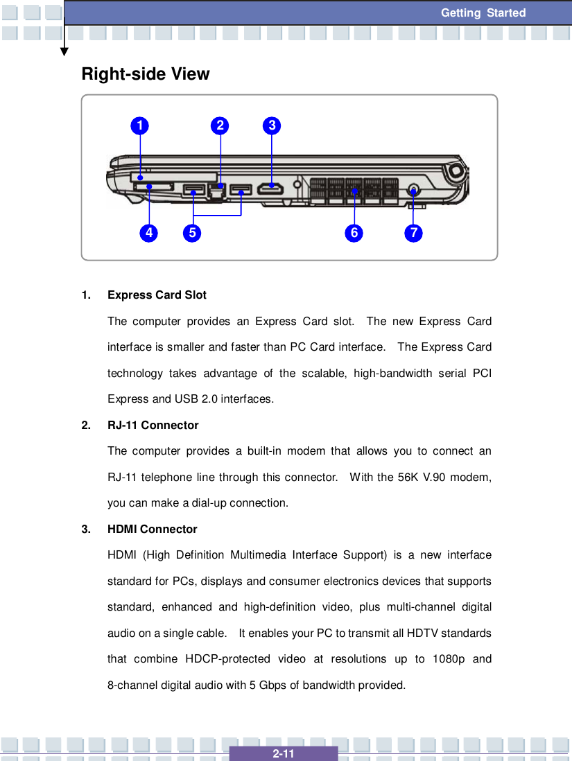   2-11 Getting Started Right-side View        1. Express Card Slot The computer provides an Express Card slot.  The new Express Card interface is smaller and faster than PC Card interface.  The Express Card technology takes advantage of the scalable, high-bandwidth serial PCI Express and USB 2.0 interfaces.  2. RJ-11 Connector The computer provides a built-in modem that allows you to connect an RJ-11 telephone line through this connector.  With the 56K V.90 modem, you can make a dial-up connection. 3. HDMI Connector HDMI (High Definition Multimedia Interface Support) is a new interface standard for PCs, displays and consumer electronics devices that supports standard, enhanced and high-definition video, plus multi-channel digital audio on a single cable.  It enables your PC to transmit all HDTV standards that combine HDCP-protected video at resolutions up to 1080p and 8-channel digital audio with 5 Gbps of bandwidth provided. 1 2 3 4 5 6 7 