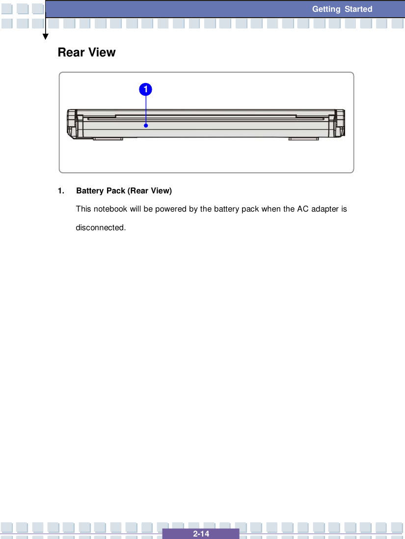   2-14 Getting Started Rear View        1. Battery Pack (Rear View) This notebook will be powered by the battery pack when the AC adapter is disconnected.               1 