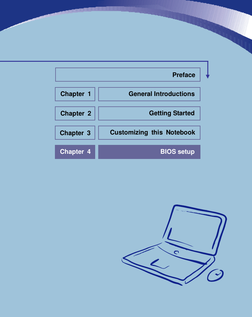                            General Introductions Chapter 1 Getting Started Chapter 2 Customizing this Notebook Chapter 3 BIOS setup Chapter 4 Preface 