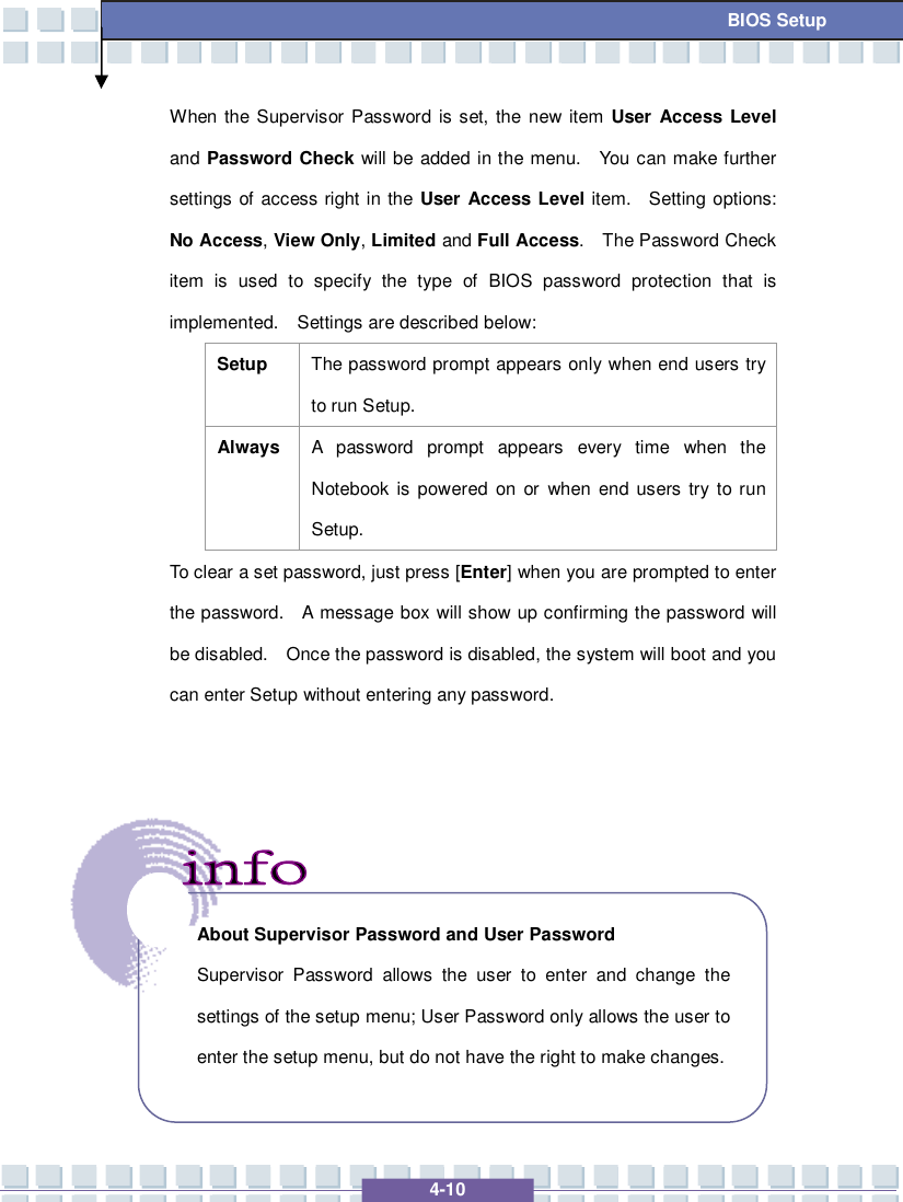   4-10 BIOS Setup When the Supervisor Password is set, the new item User Access Level and Password Check will be added in the menu.  You can make further settings of access right in the User Access Level item.  Setting options: No Access, View Only, Limited and Full Access.  The Password Check item is used to specify the type of BIOS password protection that is implemented.  Settings are described below: Setup  The password prompt appears only when end users try to run Setup. Always A password prompt appears every time when the Notebook is powered on or when end users try to run Setup. To clear a set password, just press [Enter] when you are prompted to enter the password.  A message box will show up confirming the password will be disabled.  Once the password is disabled, the system will boot and you can enter Setup without entering any password.           About Supervisor Password and User Password Supervisor Password allows the user to enter and change the settings of the setup menu; User Password only allows the user to enter the setup menu, but do not have the right to make changes.  