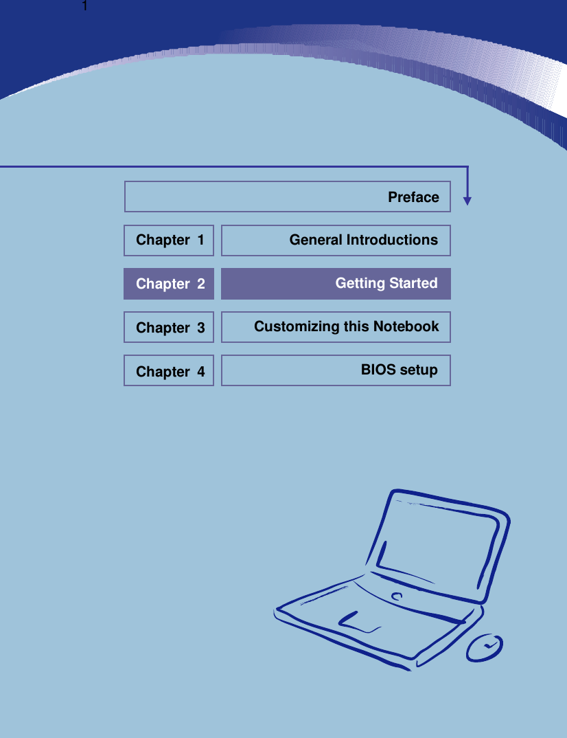   1                         General Introductions Chapter 1 Getting Started Chapter 2 Customizing this Notebook Chapter 3 BIOS setup Chapter 4 Preface 