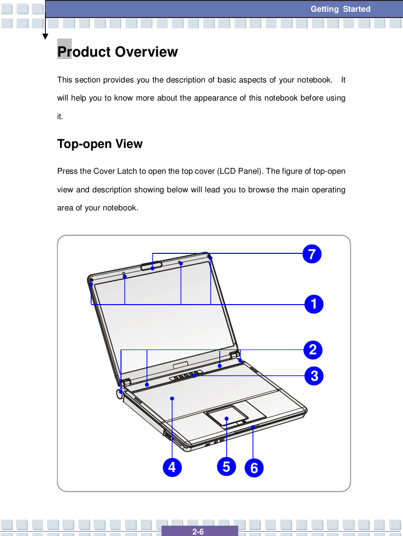   2-6  Getting Started Product Overview This section provides you the description of basic aspects of your notebook.  It will help you to know more about the appearance of this notebook before using it. Top-open View Press the Cover Latch to open the top cover (LCD Panel). The figure of top-open view and description showing below will lead you to browse the main operating area of your notebook.                 1 2 3 5 7 4 6 