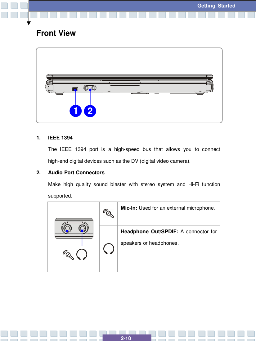   2-10  Getting Started Front View      1. IEEE 1394   The IEEE 1394 port is a high-speed bus that allows you to connect high-end digital devices such as the DV (digital video camera). 2. Audio Port Connectors Make high quality sound blaster with stereo system and Hi-Fi function supported.  Mic-In: Used for an external microphone.          Headphone Out/SPDIF: A connector for speakers or headphones.    1 2 